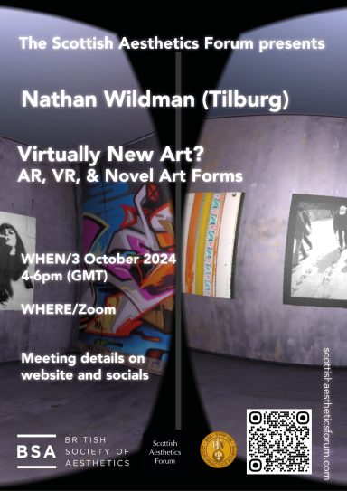 Nathan Wildman: 'Virtually New Art? AR, VR, & Novel Art Forms' Poster for a forum featuring Nathan Wildman on AR, VR, and new art forms, with event details.