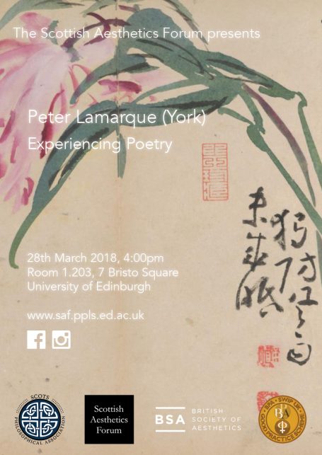 Peter Lamarque: 'Experiencing Poetry' Poster for a poetry event featuring floral artwork and event details.