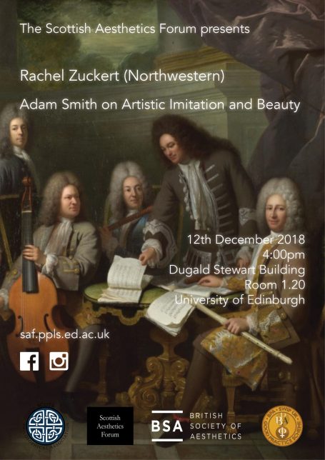 Rachel Zuckert: Adam Smith on Artistic Imitation and Beauty Poster for the Scottish Aesthetics Forum event featuring speakers and event details.
