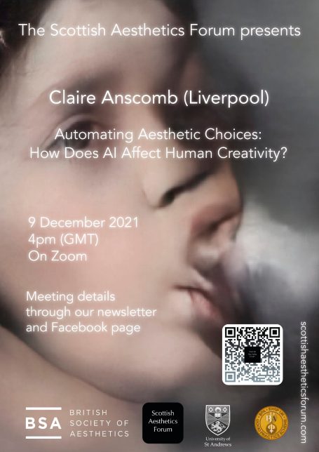 Claire Anscomb: 'Automating Aesthetic Choices: How Does AI Affect Human Creativity?' Abstract Event poster for a talk by Claire Anscomb on AI and human creativity, 9 December 2021.