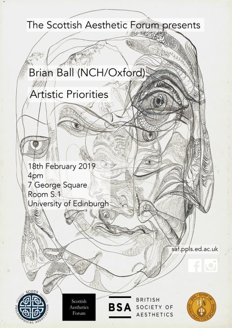 Brian Ball: 'Artistic Priorities' Poster for a talk by Brian Ball on artistic priorities, featuring event details and logos.