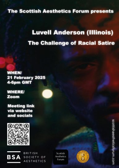 Luvell Anderson: 'The Challenge of Racial Satire' Poster for a talk by Lavell Anderson on racial satire, featuring event details and Zoom link.