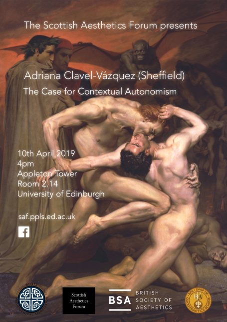 Adriana Clavel-Vázquez: 'The Case for Contextual Autonomism' Poster for a Scottish Aesthetics Forum event featuring a dramatic artistic depiction of struggle.
