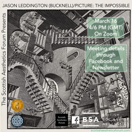 Jason Leddington: 'Picture: The Impossible' Poster for a virtual meeting featuring a labyrinthine staircase design, with event details.