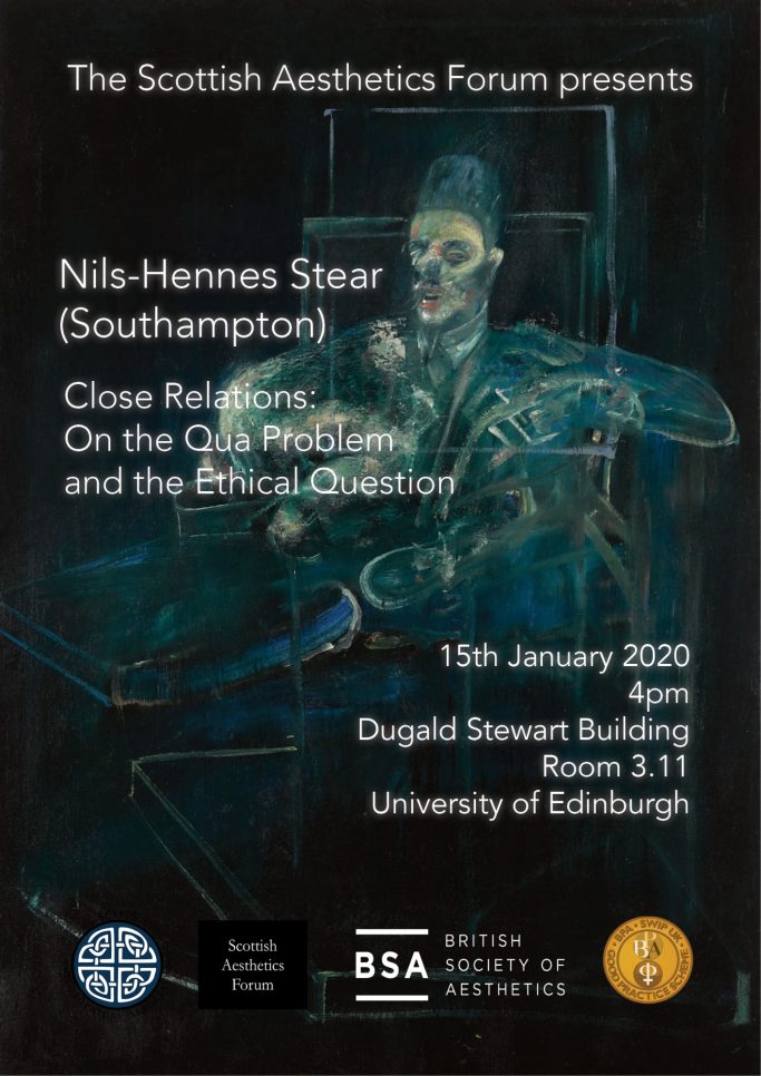 Nils-Hennes Stear: 'Close Relations: On the Qua Problem and the Ethical Question' Poster for event featuring a skeletal figure, details about a talk at the University of Edinburgh.